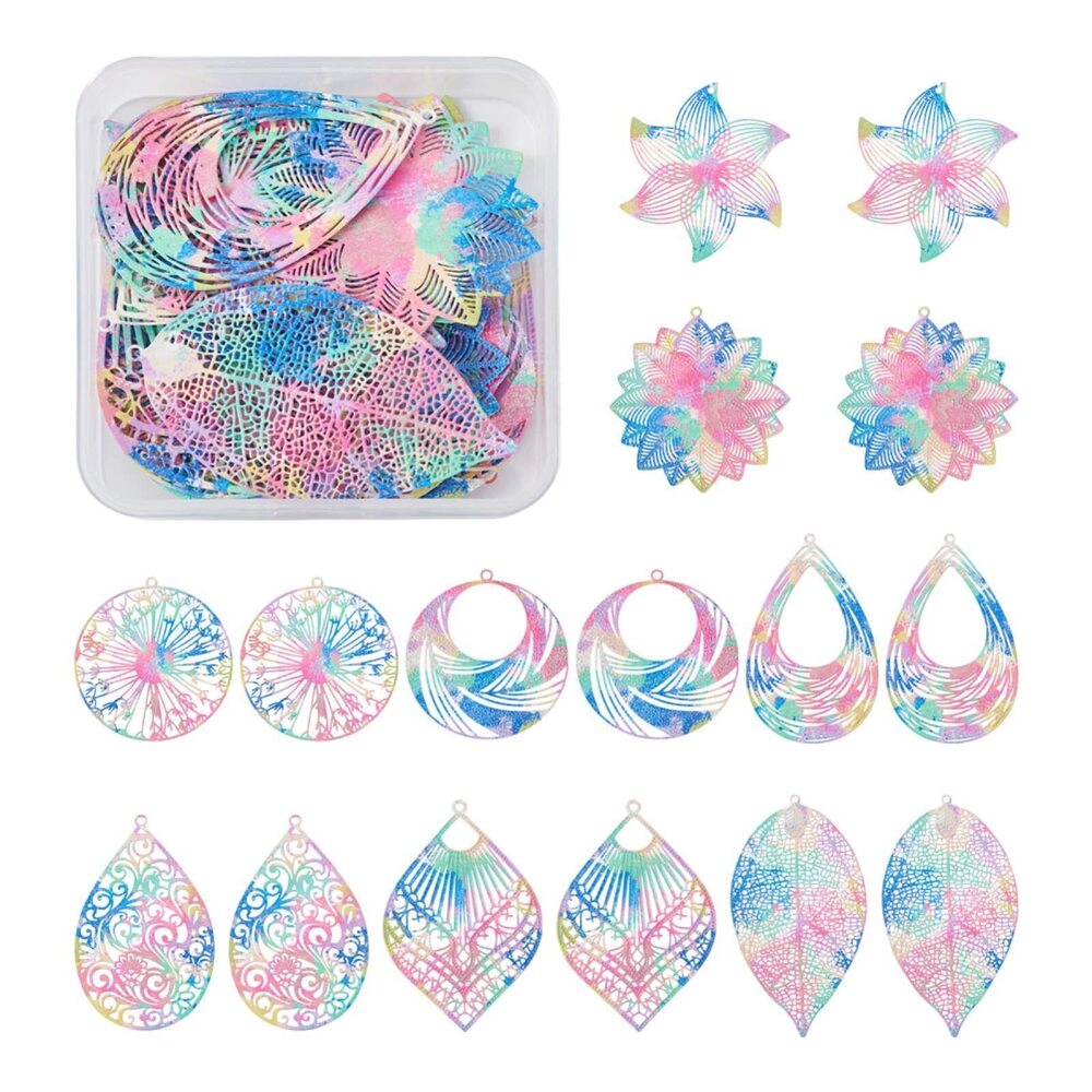 8681 32Pcs Stainless Steel Rainbow Charms Thin Metal Filigree Flower Leaf